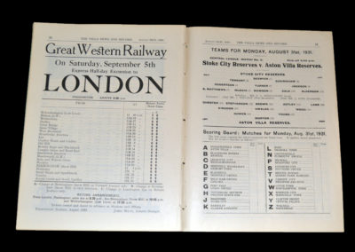 Aston Villa v Leicester 29.08.1931 | Aston Villa Reserves v Stoke Reserves 31.08.1931 [with Stanley Matthews at 16]