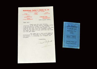 David Jack letter 23.08.1950 and players pass season 50/51