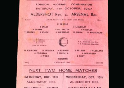 Arsenal v Aldershot 04.10.1947 (Johnny Sherwood doing remarkably well to play after his horrendous experiences as a Japanese POW)