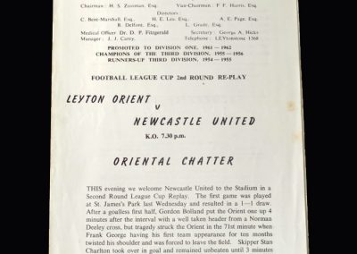 Orient v Newcastle 01.10.1962 (League Cup 2nd Round Replay)