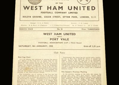 Port Vale v West Ham 08.01.1955 FA Cup 3rd Round