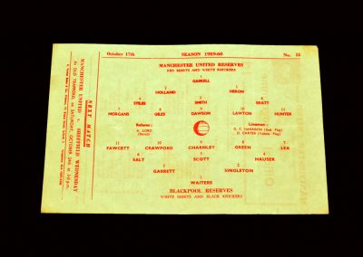 Man Utd Reserves v Blackpool Reserves 17.10.1959