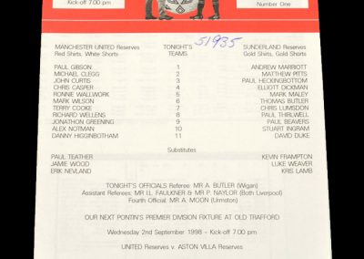 Man Utd Reserves v Sunderland Reserves 20.08.1998