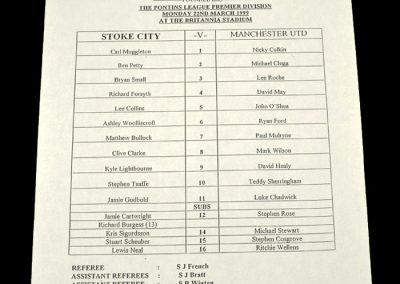 Man Utd Reserves v Stoke Reserves 22.03.1999 - Teamsheet