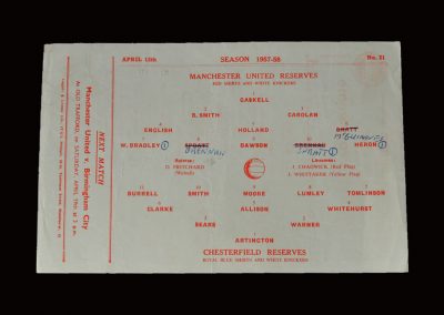 Man Utd Reserves v Chesterfield Reserves 12.04.1958