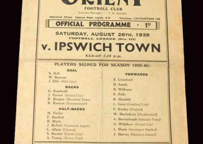 Leyton Orient v Ipswich 26.08.1939