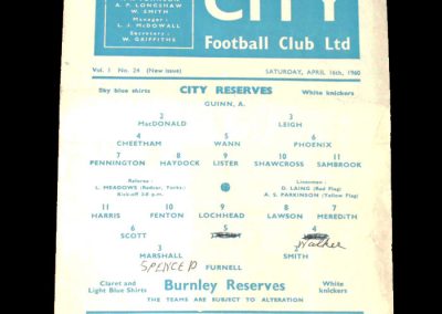 Burnley Reserves v Man City Reserves 16.04.1960
