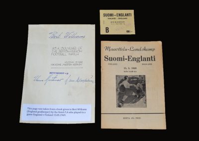 Finland v England B 15.05.1949 (Ticket and autograph)