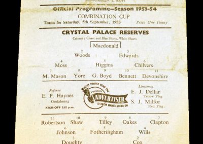 Crystal Palace Reserves v Arsenal Reserves 05.09.1953