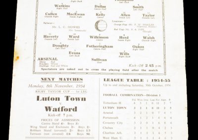 Luton Town Reserves v Arsenal Reserves 06.11.1954