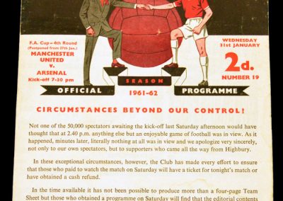 Arsenal v Manchester United 27.01.1962 | Postponed to 31.01 | FA Cup 4th Round
