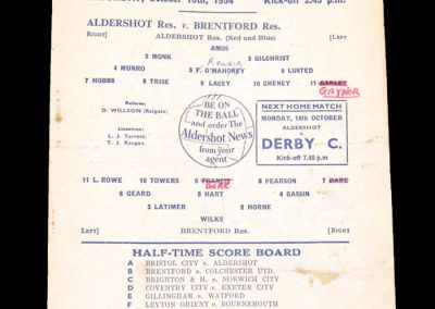 Aldershot Reserves v Brentford Reserves 16.10.1954
