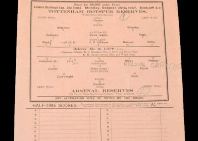Spurs Reserves v Arsenal Reserves 25.10.1937 (London Challenge Cup 2nd Round)